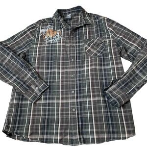 MMA Elite western button up plaid western cowboy green/gray orange decal SZ XL